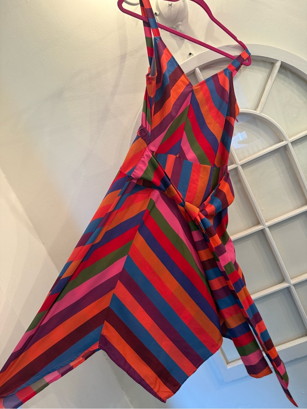 Rainbow Colorful Stripe Asymmetrical Handkerchief Hem Tie-Waist Midi Dress